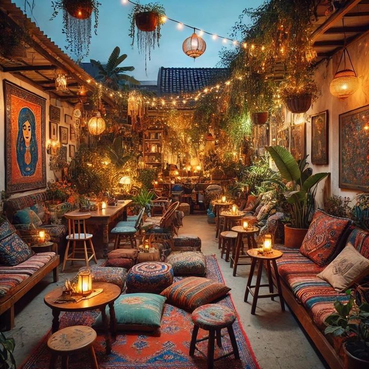 Cafe bohemian dengan kain motif etnik dan furnitur warna-warni
