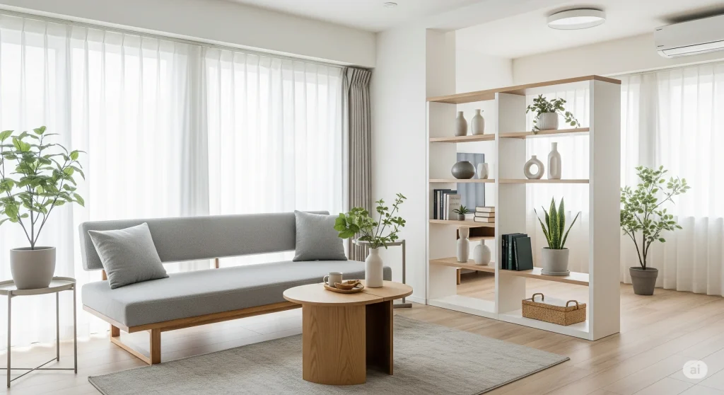 Ruang keluarga rumah type 45 dengan furnitur multifungsi dan tata letak efisien