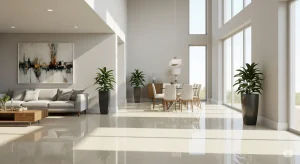 Interior rumah dengan lantai cerah atau glossy dan dinding netral, memantulkan cahaya alami