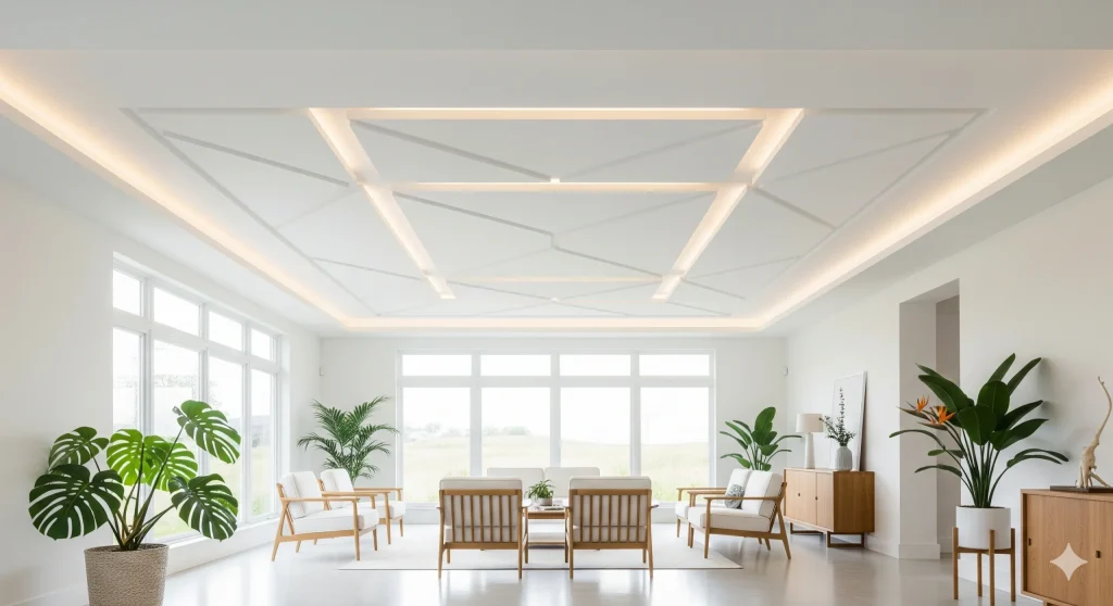 Plafon PVC modern dengan pola geometris untuk ruang tamu minimalis