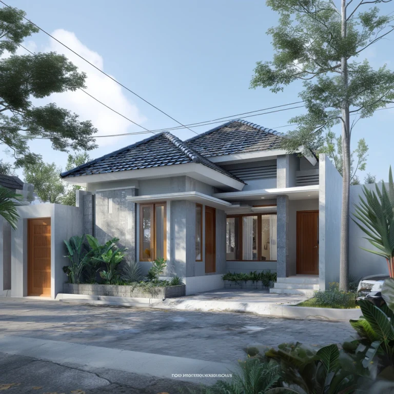 Rumah minimalis modern satu lantai dengan fasad beton ekspos dan aksen kayu.