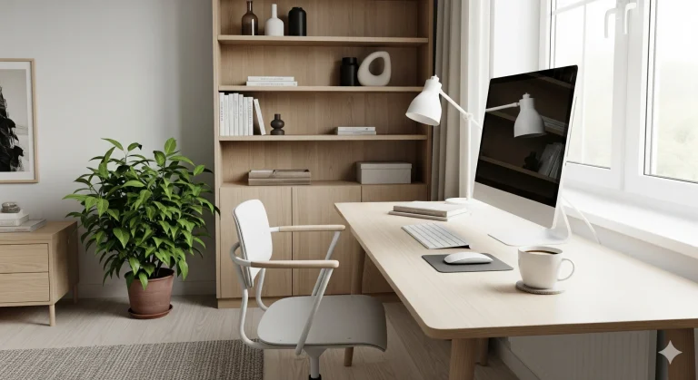 Ruang kerja minimalis di rumah dengan meja kayu, kursi ergonomis, dan pencahayaan alami.
