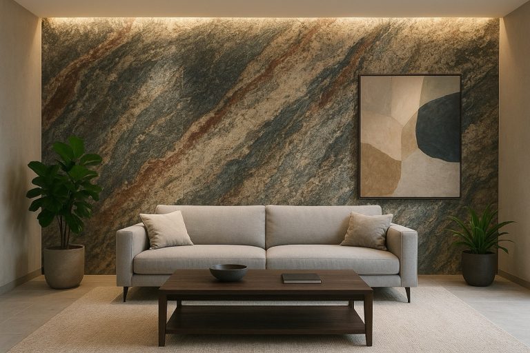 Ruang tamu minimalis modern dengan sofa abu-abu, meja kopi kayu, dinding granit bertekstur, dan pencahayaan hangat.