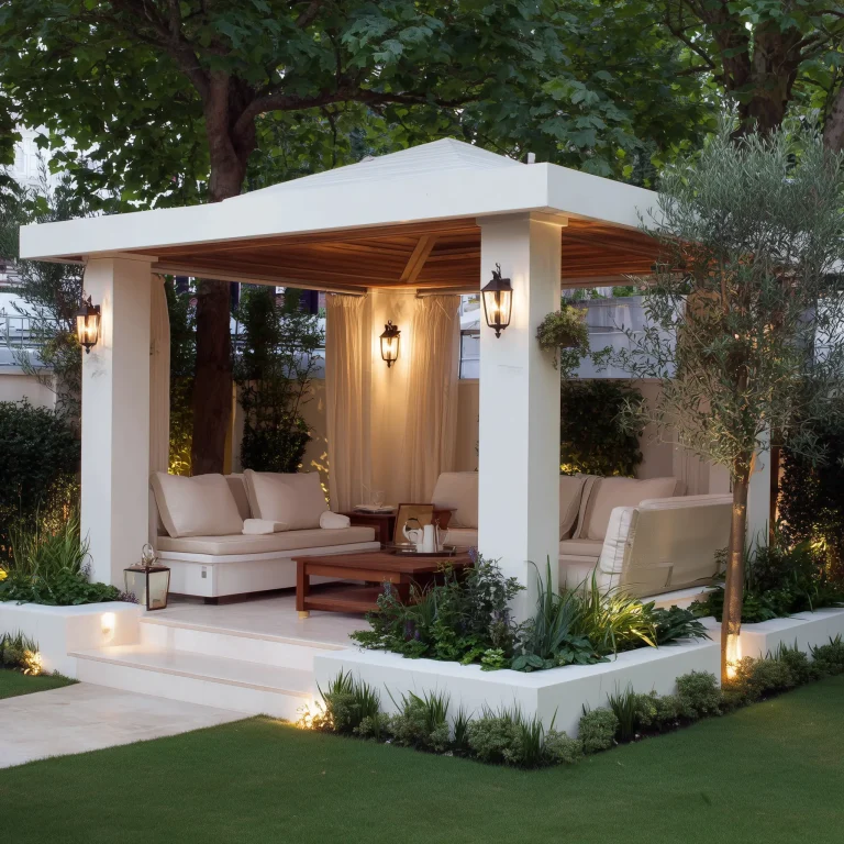 Gazebo taman oktagonal putih bergaya Skandinavia dengan sofa krem dan dek kayu, dikelilingi tanaman hijau dan jalur batu.