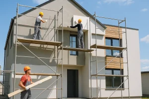 Pekerja konstruksi sedang melakukan renovasi rumah bagian eksterior dengan alat berat