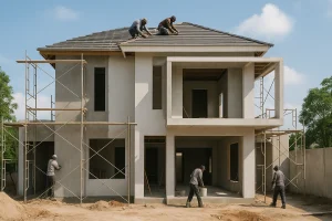 Renovasi total rumah dua lantai modern dengan pekerja konstruksi dan scaffolding