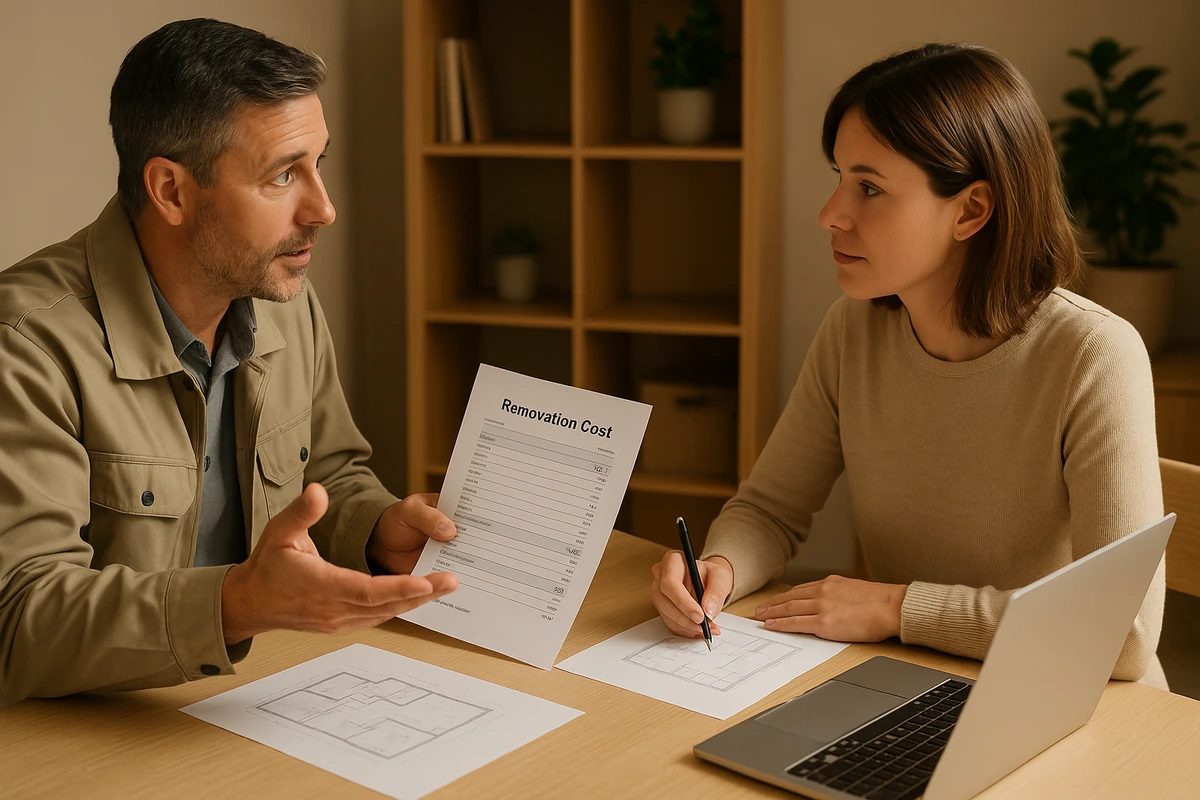 Pemilik rumah berdiskusi dengan kontraktor untuk menghitung biaya renovasi rumah yang hemat
