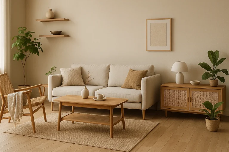 Desain interior rumah Japandi dengan kombinasi elemen kayu alami, warna netral, dan pencahayaan alami yang lembut.