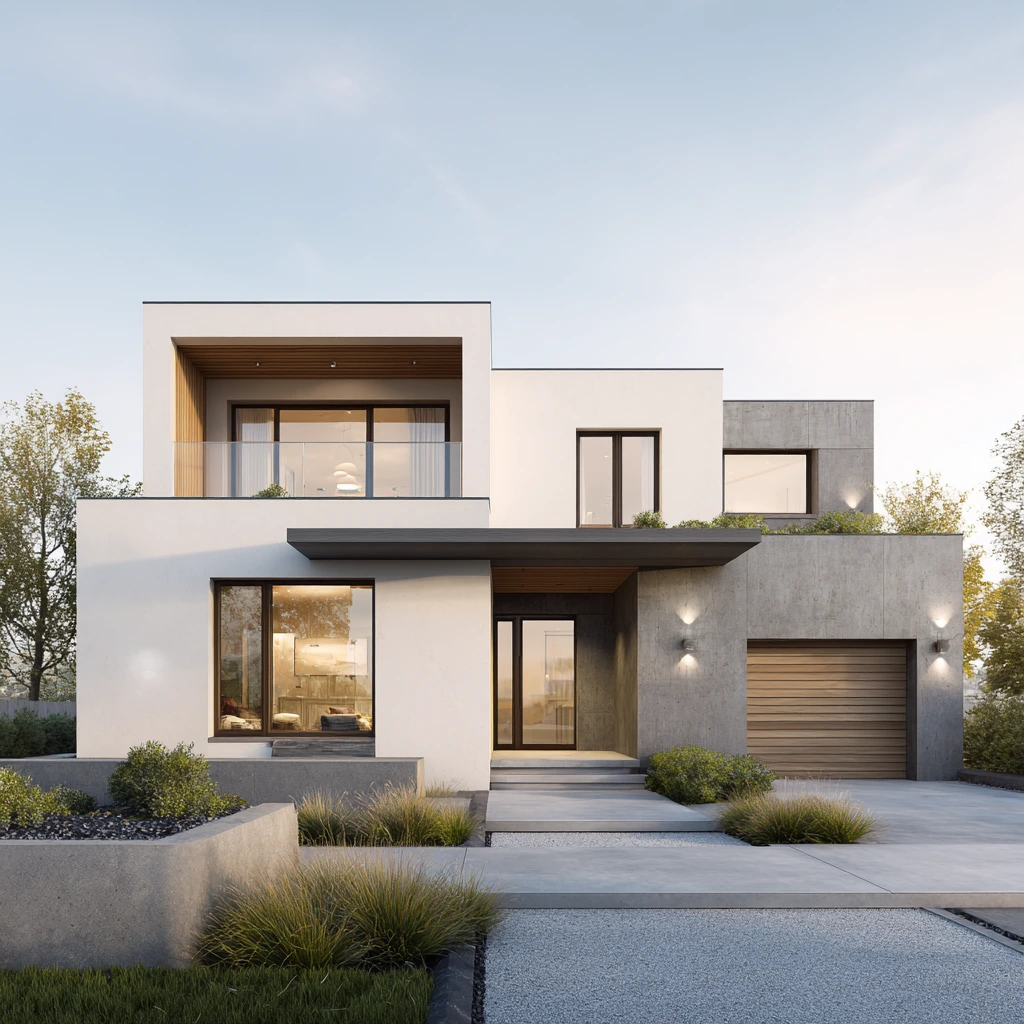 Inspirasi Rumah Minimalis Modern Bentuk Kubus Satu Lantai Rumah minimalis modern bentuk kubus satu lantai dengan fasad putih dan aksen kayu.