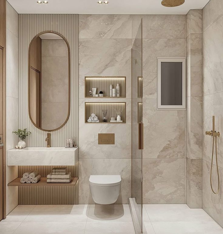 kamar mandi modern dengan pencahayaan elegan