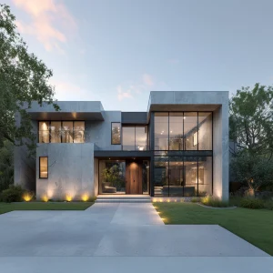 Rumah modern minimalis industrial dengan fasad beton ekspos dan kaca besar.