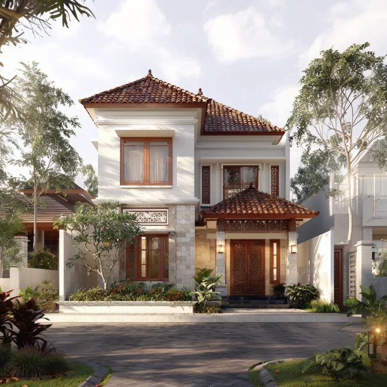 Rumah tropis modern dua lantai dengan atap limasan dan ornamen kayu khas Jawa.