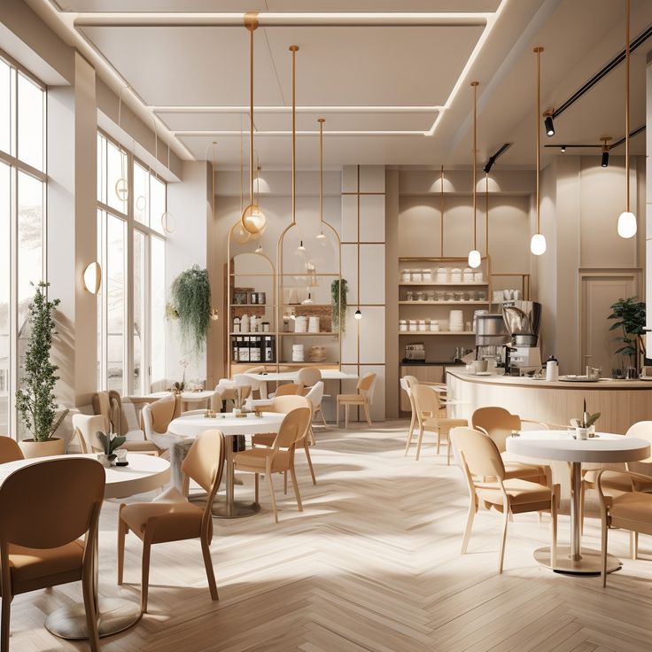 Desain cafe scandinavian dengan interior putih dan aksen kayu minimalis