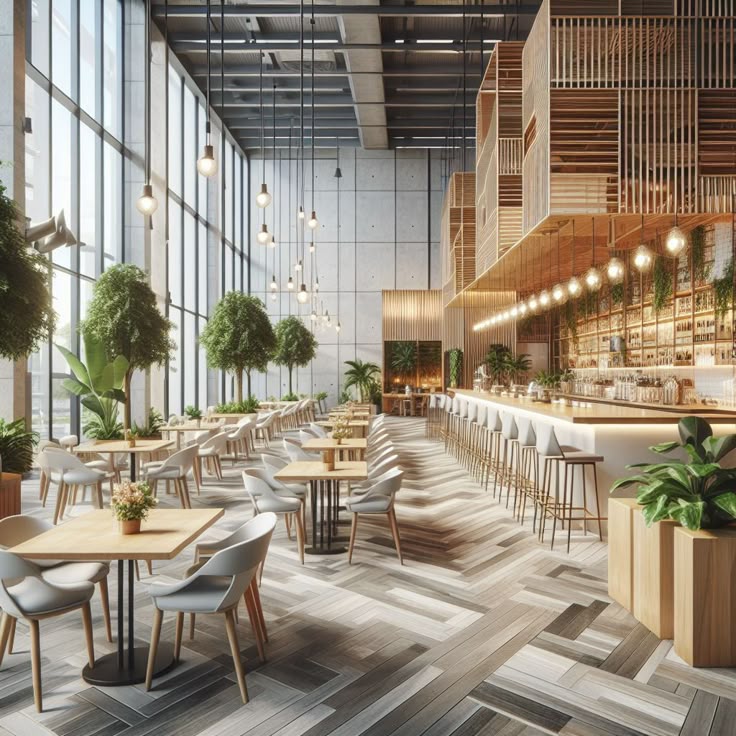 Desain interior cafe futuristik dengan lampu LED dan furnitur modern geometris