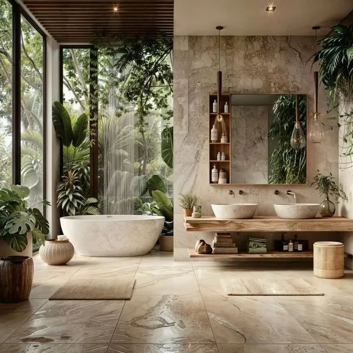 kamar mandi tropis dengan sentuhan alam