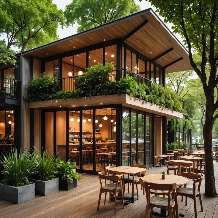 Cafe outdoor garden dengan pencahayaan alami dan dekorasi tanaman hijau