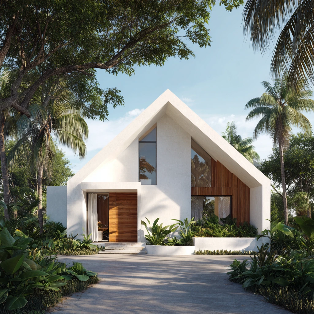 Rumah Minimalis Tropis Modern dengan Aksen Kayu Rumah minimalis tropis modern berwarna putih dengan aksen kayu dan taman hijau.