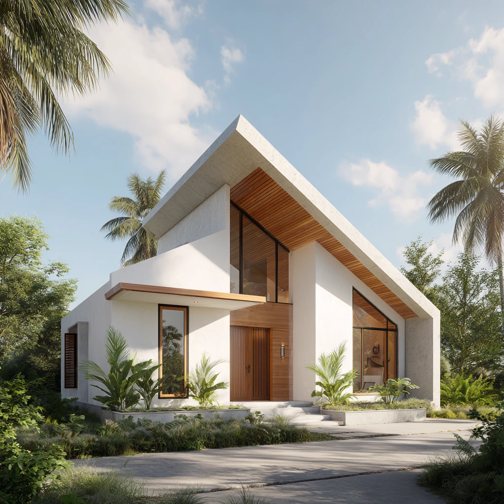 Inspirasi Rumah Minimalis Tropis dengan Atap Miring Asimetris Rumah minimalis tropis modern dengan atap miring asimetris dan sentuhan kayu pada fasad.