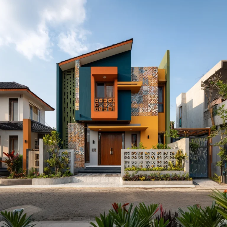 Rumah modern dua lantai dengan fasade mozaik keramik warna-warni dan kombinasi oranye, kuning, hijau zaitun