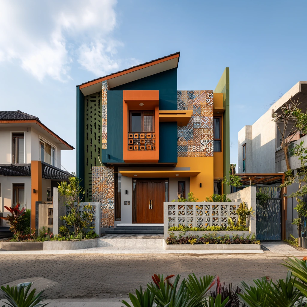 Rumah modern dua lantai dengan fasade mozaik keramik warna-warni dan kombinasi oranye, kuning, hijau zaitun
