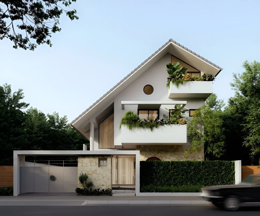 Rumah tropis minimalis dengan atap miring, ventilasi maksimal, dan taman hijau