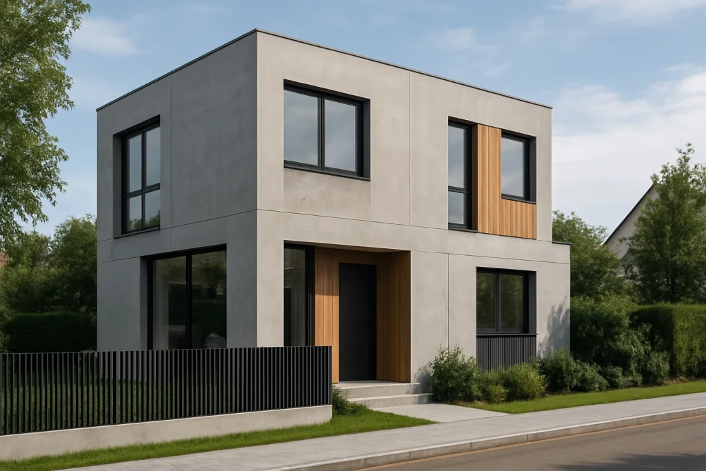 Rumah minimalis dua lantai berbentuk kubik dengan fasad bersih dan tampilan modern