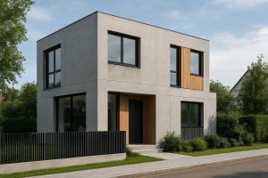 Rumah minimalis dua lantai berbentuk kubik dengan fasad bersih dan tampilan modern