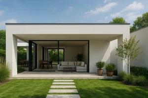 Rumah minimalis open space yang menggabungkan ruang tamu dan taman belakang