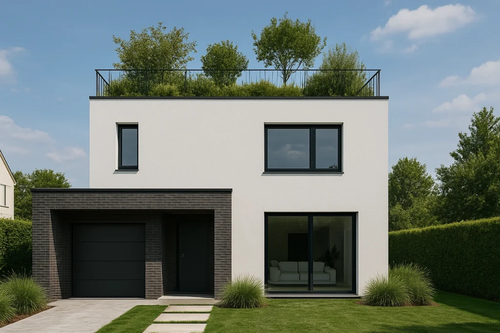 Rumah minimalis dua lantai dengan taman hijau di atas atap atau rooftop garden