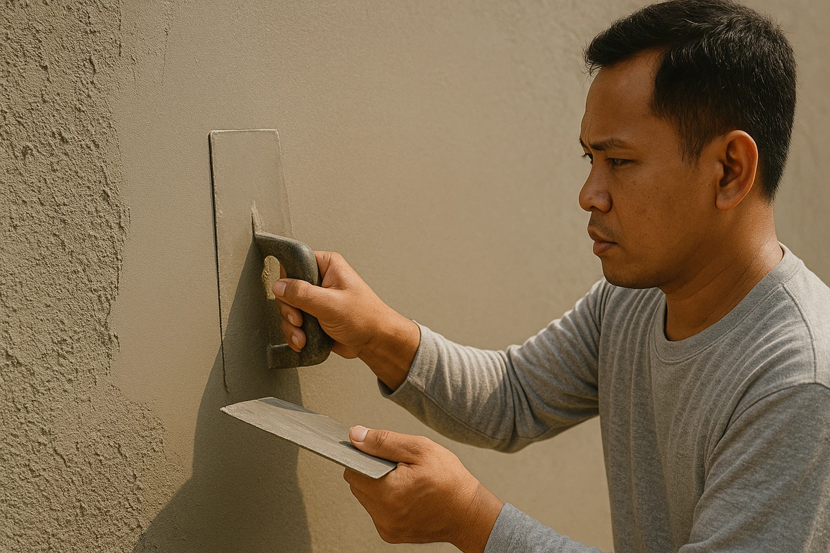 Tukang sedang mengaplikasikan acian semen konvensional pada dinding rumah menggunakan roskam.