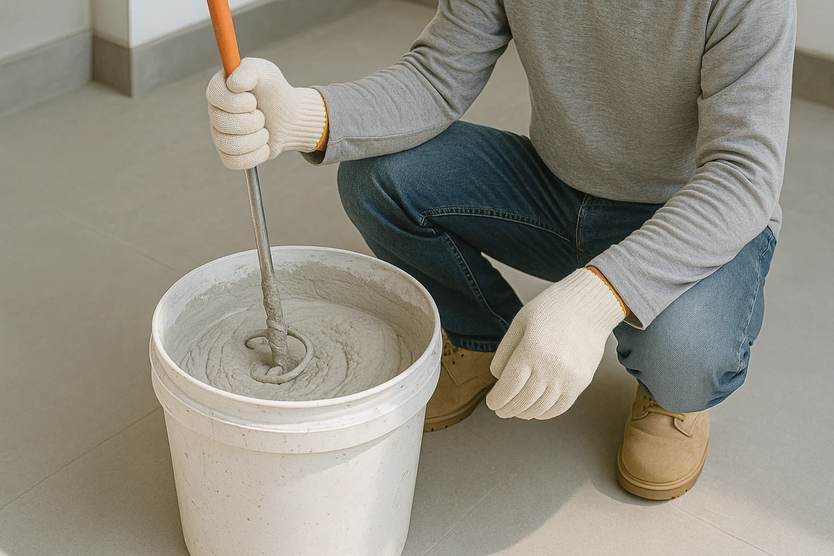 Tukang mencampur acian instan dalam ember dengan mixer sebelum diaplikasikan ke dinding.