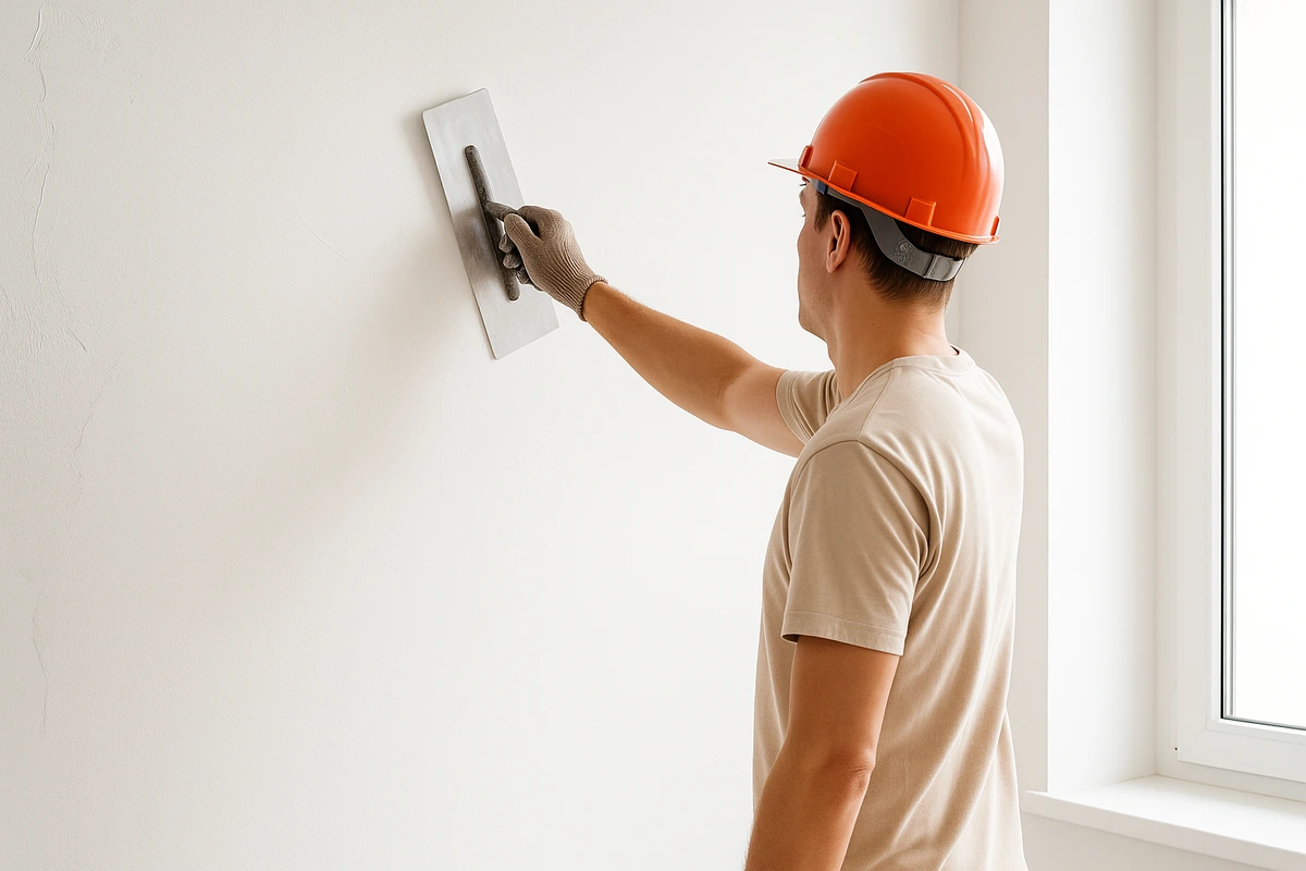 Tukang sedang mengaci dinding dengan semen putih untuk finishing interior rumah.