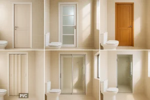 Beragam jenis pintu kamar mandi modern seperti PVC, aluminium, kayu, dan kaca tempered dalam desain rumah minimalis.