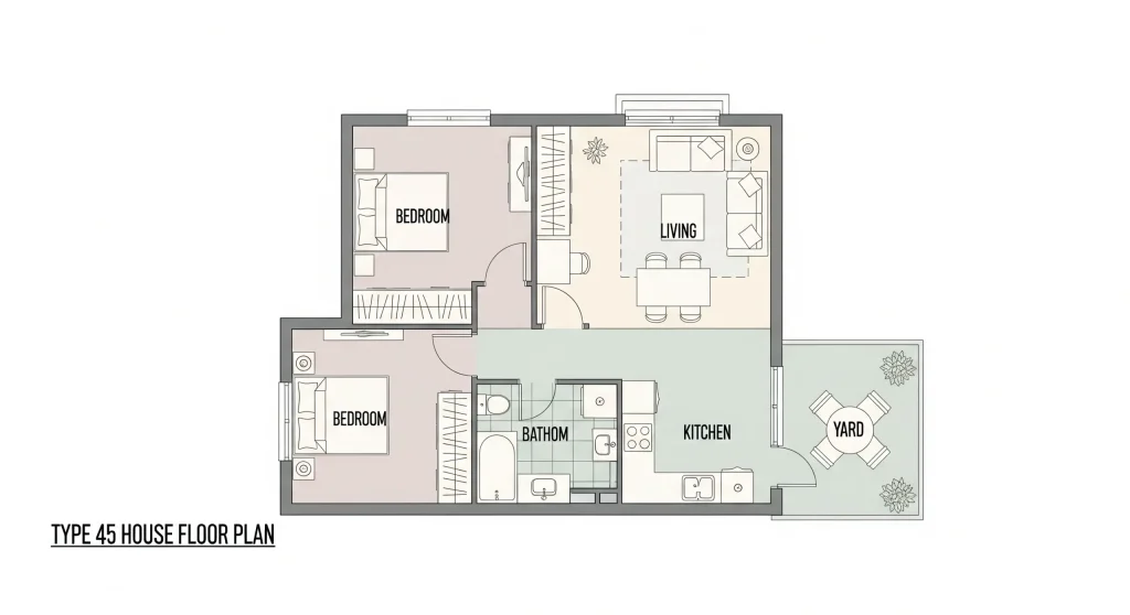 Denah rumah type 45 minimalis dengan 2 kamar tidur.
