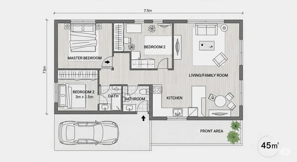 Denah rumah type 45 minimalis dengan dua kamar tidur dan ruang keluarga