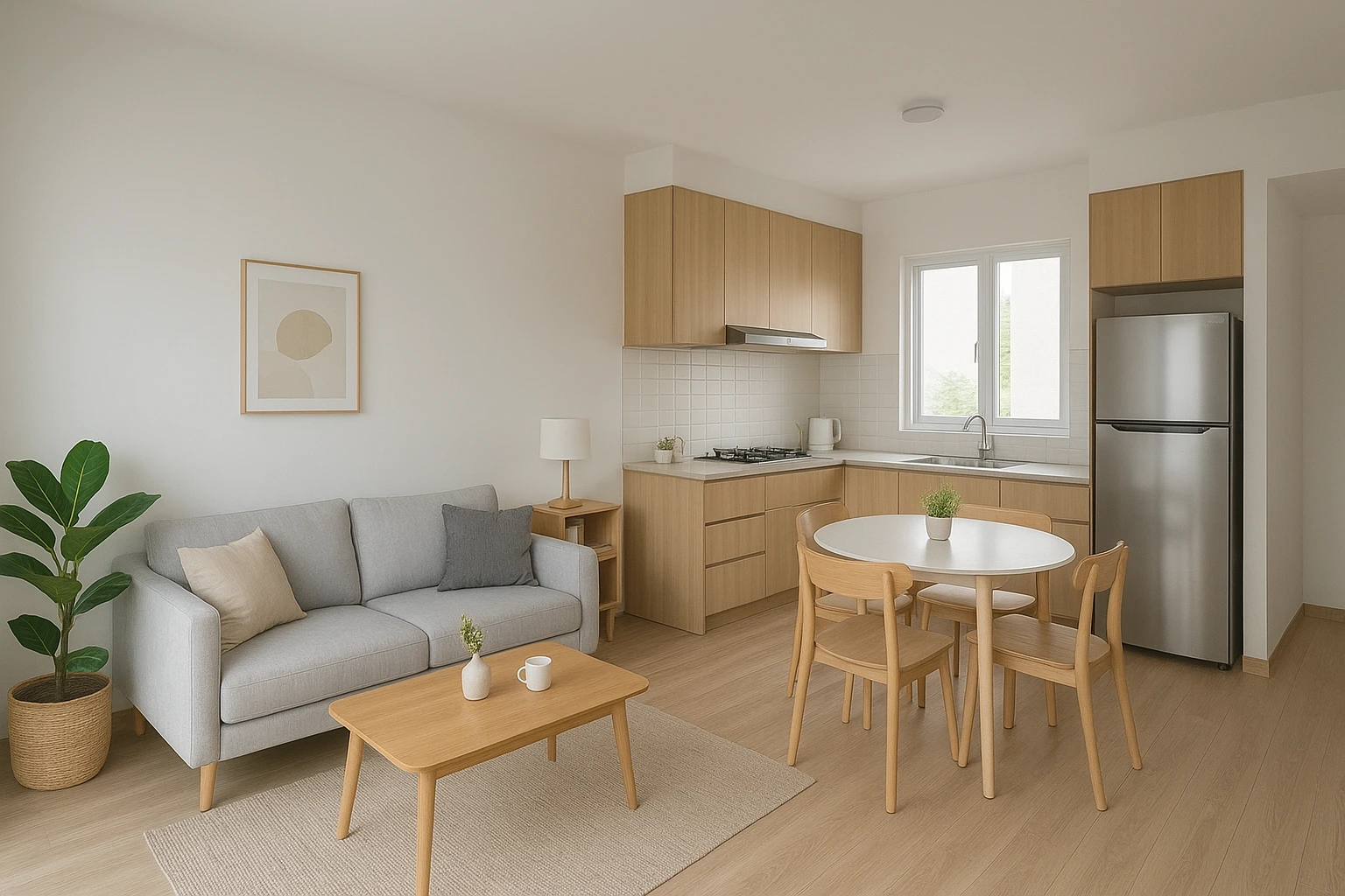 Interior rumah type 45 konsep open space ruang keluarga dan dapur.