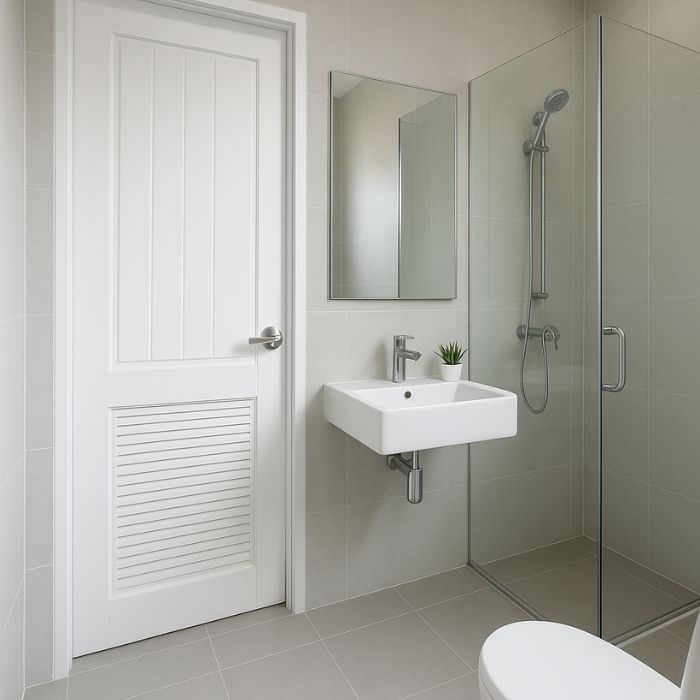 Pintu kamar mandi berbahan PVC warna putih dengan motif kayu, tahan air dan ringan.