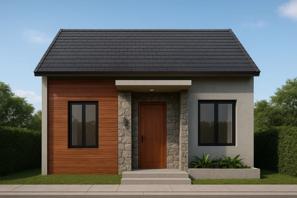Fasad rumah type 45 minimalis modern dengan material alami.