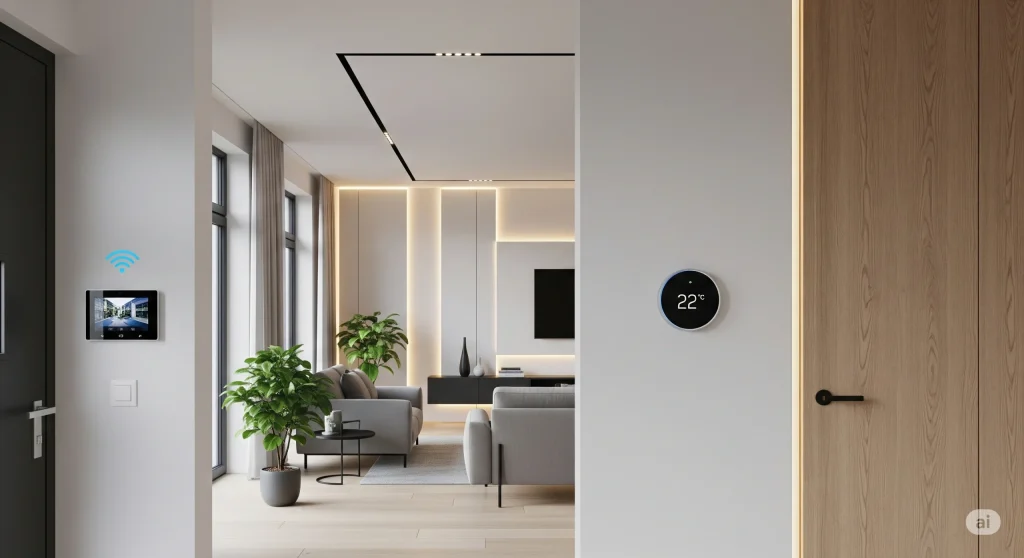 Interior rumah modern dengan sistem smart home, pencahayaan otomatis dan kontrol suhu