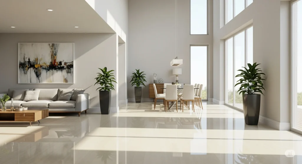 Interior rumah dengan lantai cerah atau glossy dan dinding netral, memantulkan cahaya alami