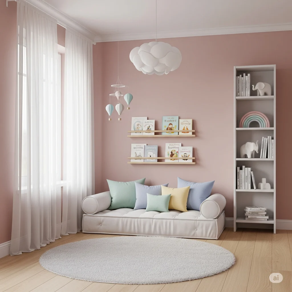 Kamar minimalis dengan cat soft pink yang lembut dan estetik