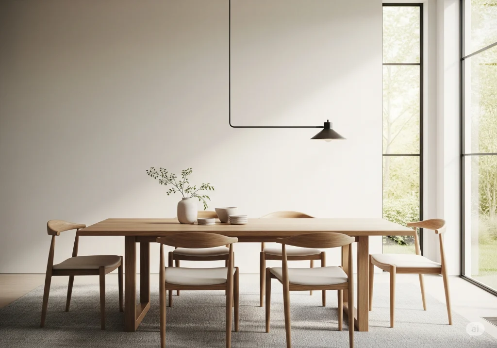 Interior ruang makan minimalis dengan warna netral dan material kayu alami