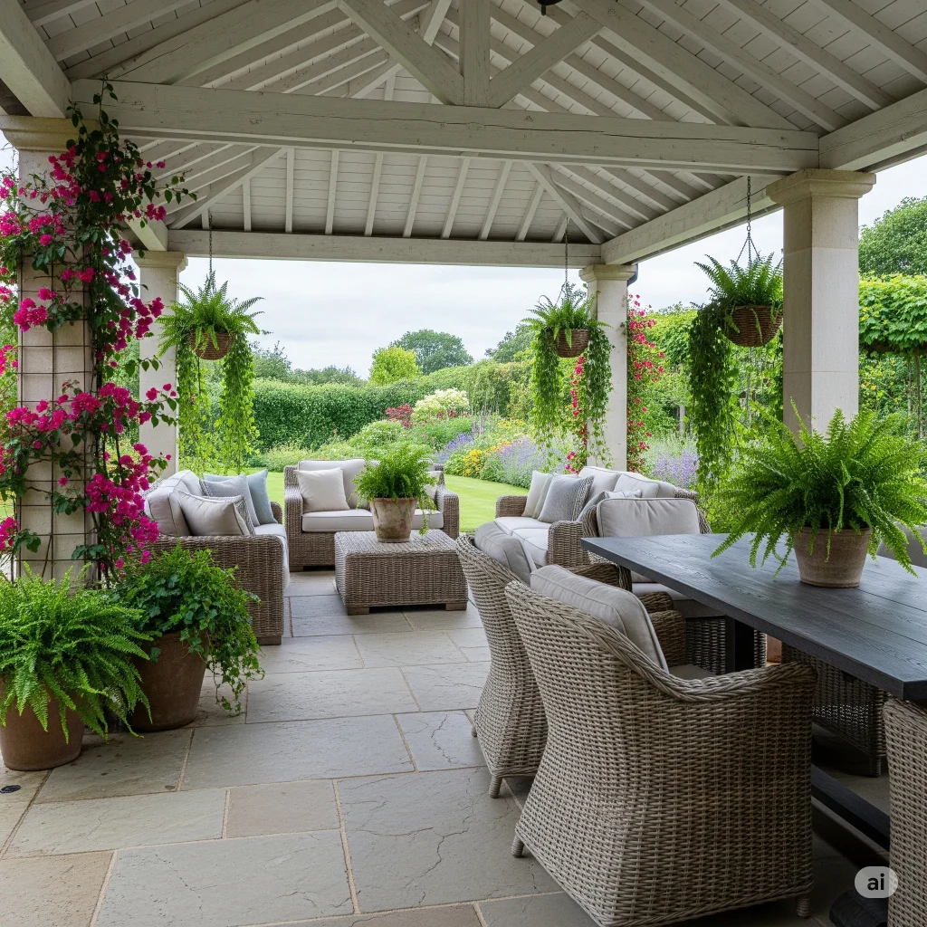 Teras semi-outdoor dengan tanaman