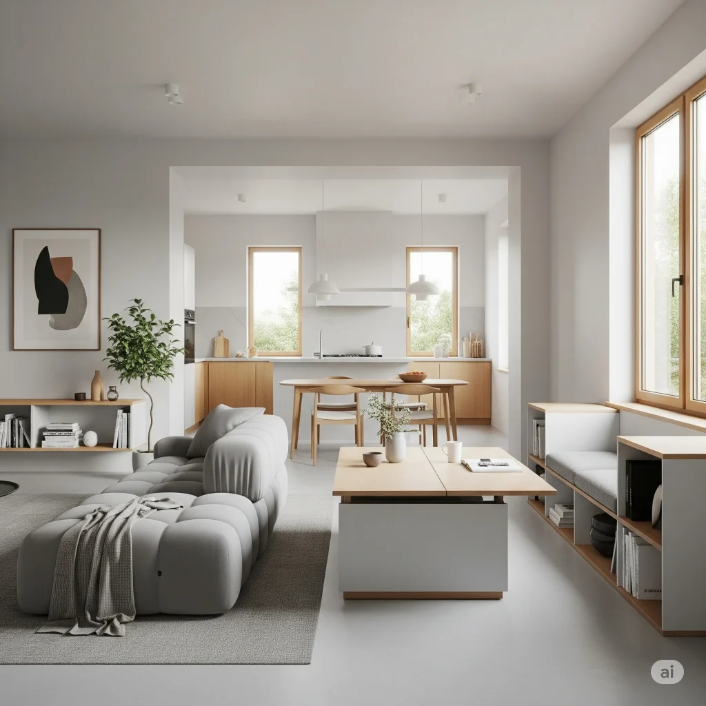 Interior rumah minimalis dengan tata ruang terbuka dan furnitur multifungsi