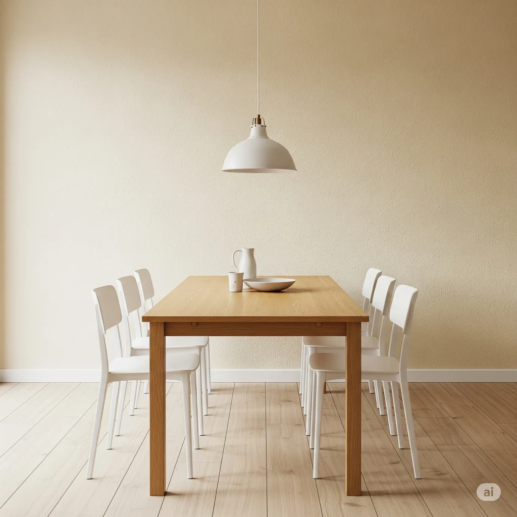 Ruang makan minimalis dengan cat krem hangat yang menciptakan suasana nyaman