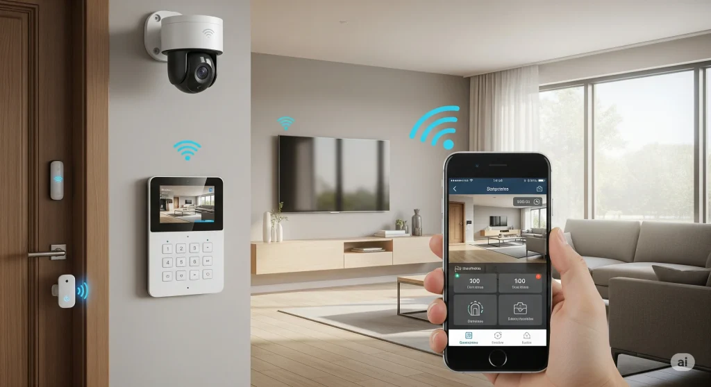 Smart home dengan kamera, sensor pintu/jendela, dan alarm terhubung smartphone
