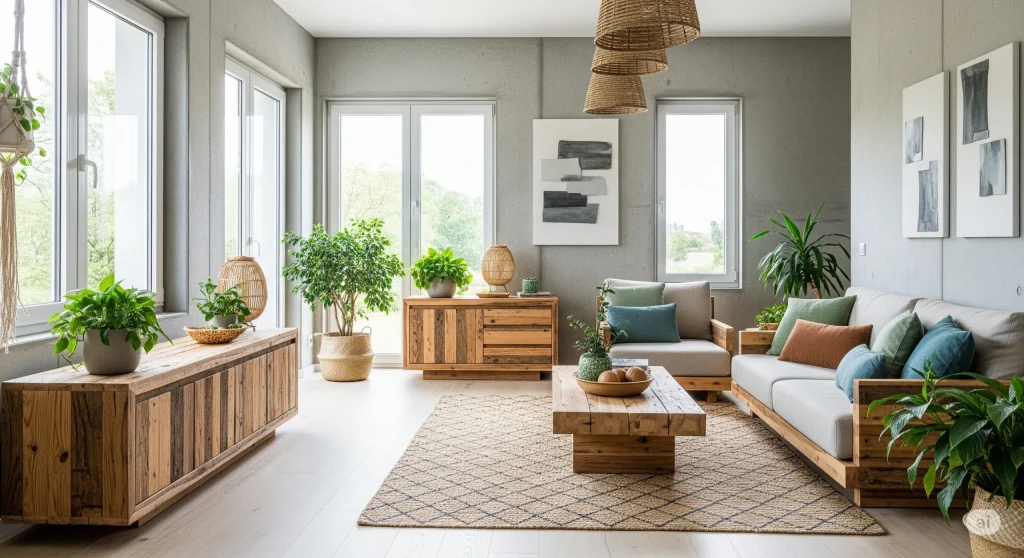 Interior rumah modern dengan material ramah lingkungan: kayu daur ulang, beton hemat energi, dan cat low VOC
