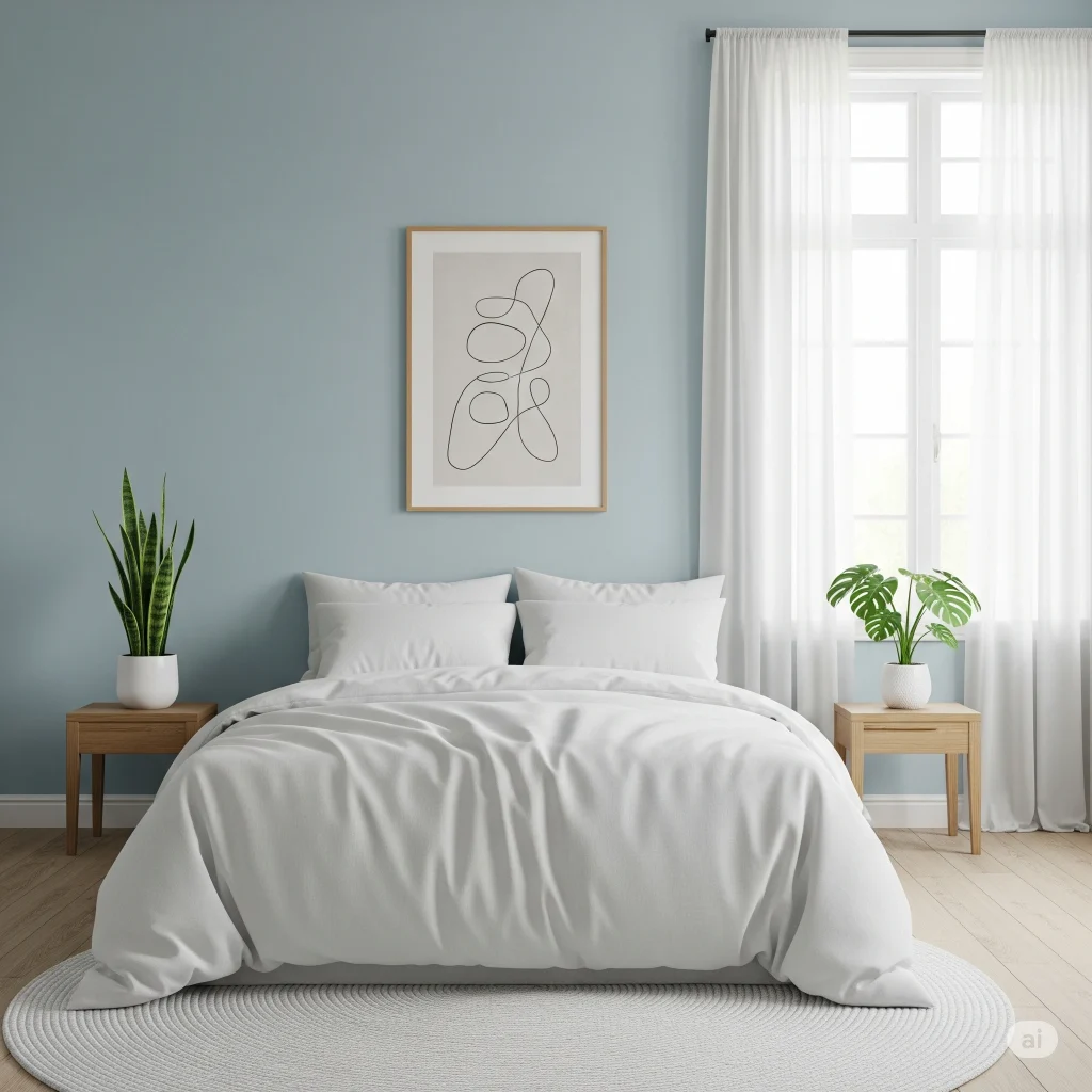 Kamar tidur minimalis dengan dinding biru muda yang tenang dan menyegarkan