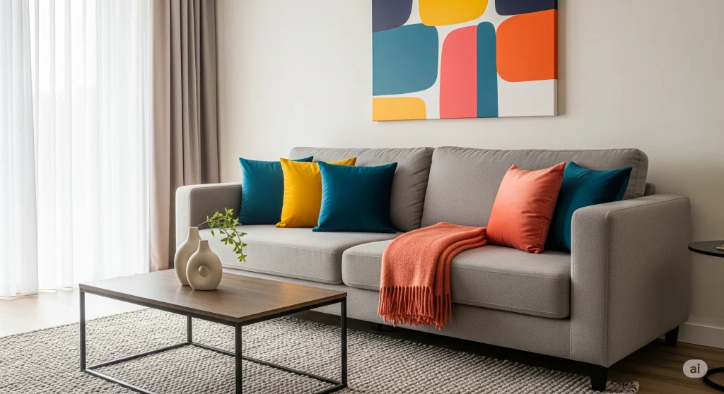 Ruang tamu dengan aksen warna bold pada sofa atau dekorasi, menonjol di palet netral