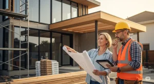 Pemilik rumah berdiskusi dengan kontraktor profesional di proyek renovasi rumah